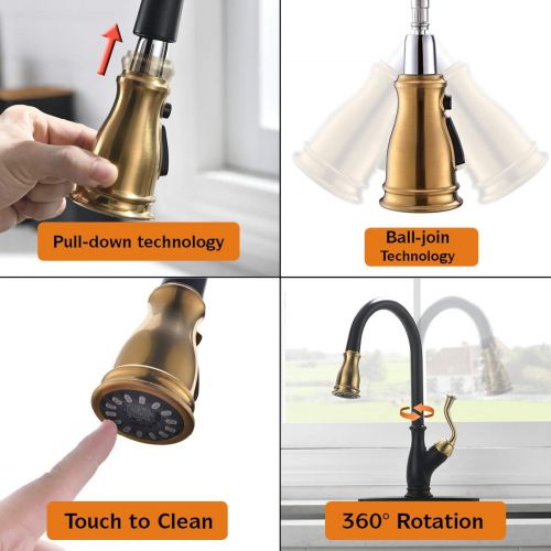  APPASO Pull Down Kitchen Faucet with Magnetic Docking Sprayer - Single Handle High Arc One Hole Pull Out Kitchen Sink Faucets, Black and Gold