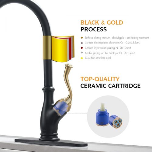  APPASO Pull Down Kitchen Faucet with Magnetic Docking Sprayer - Single Handle High Arc One Hole Pull Out Kitchen Sink Faucets, Black and Gold