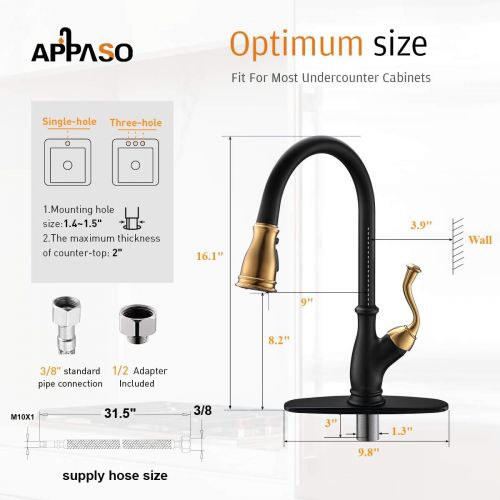  APPASO Pull Down Kitchen Faucet with Magnetic Docking Sprayer - Single Handle High Arc One Hole Pull Out Kitchen Sink Faucets, Black and Gold