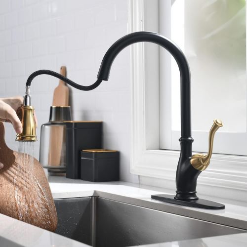  APPASO Pull Down Kitchen Faucet with Magnetic Docking Sprayer - Single Handle High Arc One Hole Pull Out Kitchen Sink Faucets, Black and Gold