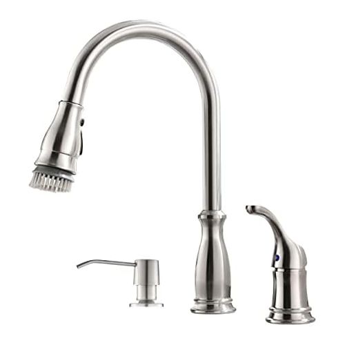  APPASO 3 Hole Kitchen Faucet with Pull Down Magnetic Docking Sprayer Stainless Steel Brushed Nickel, 2 Hole Pull Out Kitchen Sink Faucet with Side Single Handle and Soap Dispenser,