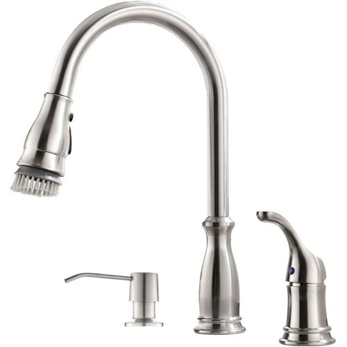  APPASO 3 Hole Kitchen Faucet with Pull Down Magnetic Docking Sprayer Stainless Steel Brushed Nickel, 2 Hole Pull Out Kitchen Sink Faucet with Side Single Handle and Soap Dispenser,