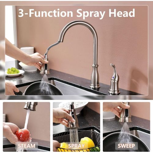  APPASO 3 Hole Kitchen Faucet with Pull Down Magnetic Docking Sprayer Stainless Steel Brushed Nickel, 2 Hole Pull Out Kitchen Sink Faucet with Side Single Handle and Soap Dispenser,