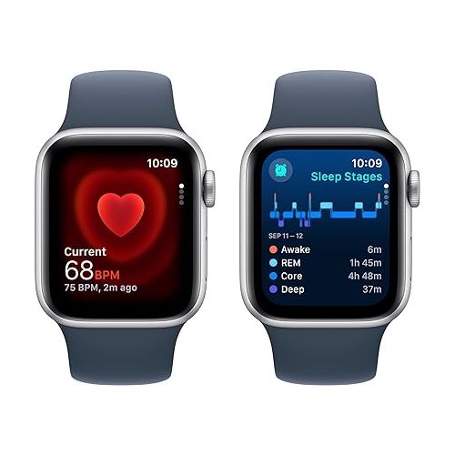 애플 Apple Watch SE (2nd Gen) [GPS 40mm] Smartwatch with Silver Aluminum Case with Storm Blue Sport Band M/L. Fitness & Sleep Tracker, Crash Detection, Heart Rate Monitor