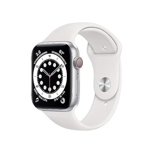애플 Apple Watch Series 6 (GPS + Cellular, 44mm) - Silver Aluminum Case with White Sport Band (Renewed)