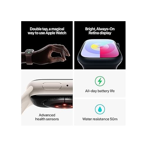애플 Apple Watch Series 9 [GPS 45mm] Smartwatch with Midnight Aluminum Case with Midnight Sport Band M/L. Fitness Tracker, Blood Oxygen & ECG Apps, Always-On Retina Display (Renewed)