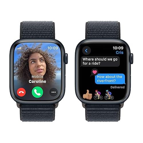 애플 Apple Watch Series 9 [GPS + Cellular 45mm] Midnight Aluminum Case with Midnight Sport Loop, One Size (Renewed)