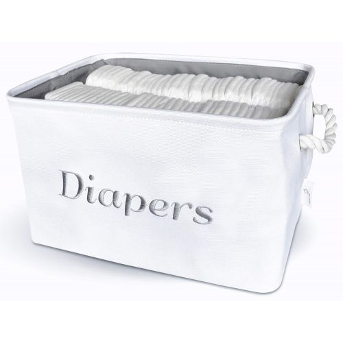  [아마존베스트]APPLE PIE ORDER Diaper sotrage bin, White Canvas Fabric Basket with Gray Embroidering. Perfect as Nursery Organizer and Storage.