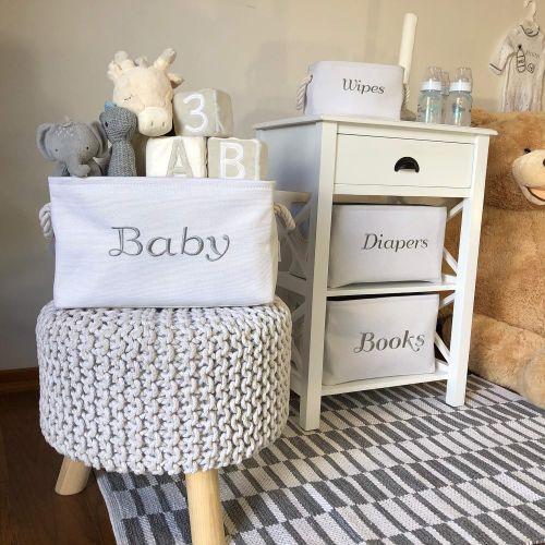  [아마존베스트]APPLE PIE ORDER Diaper sotrage bin, White Canvas Fabric Basket with Gray Embroidering. Perfect as Nursery Organizer and Storage.