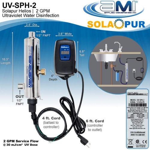  APPLIED MEMBRANES INC. Solapur Ultraviolet Water Purifier UV Sterilizer Filter for Point of Use Drinking Water Purification 2 GPM Helios Series UV-SPH-2