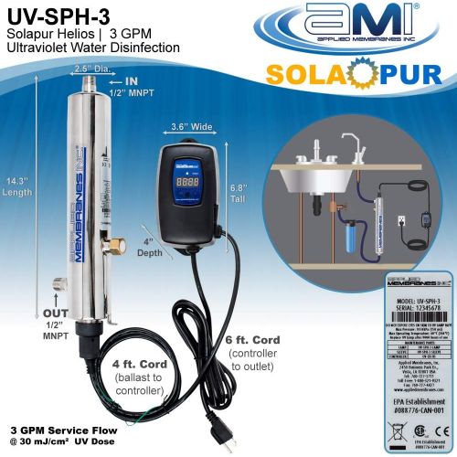  APPLIED MEMBRANES INC. Solapur Ultraviolet Water Purifier UV Sterilizer Filter for Point of Use Drinking Water Purification 3 GPM Helios Series UV-SPH-3