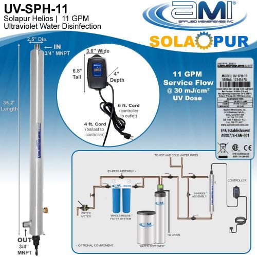  APPLIED MEMBRANES INC. Solapur Whole House Ultraviolet Water Purifier UV Sterilizer for Point of Entry Drinking Water Purification 11 GPM Helios Series UV-SPH-11