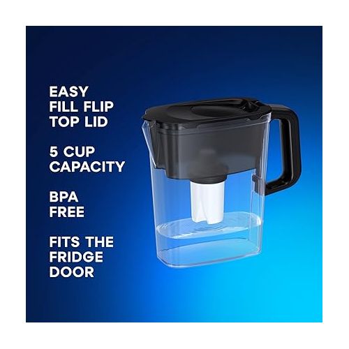  AQUAPHOR Compact 5-Cup Water Filter Pitcher - Black with 1 x B15 Filter - Fits in The Fridge Door - Reduces Limescale and Chlorine - Ideal for Five Cups