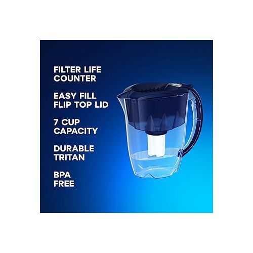  AQUAPHOR Ideal 7-Cup Water Filter Pitcher - Dark Blue with 3 x B15 Filters - Fits in The Fridge Door - Reduces Limescale and Chlorine - Ideal for Seven Cups