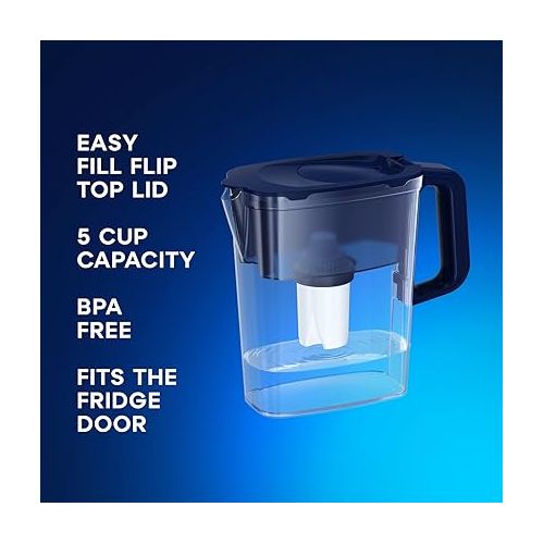  AQUAPHOR Compact 5-Cup Water Filter Pitcher - Dark Blue with 1 x B15 Filter - Fits in The Fridge Door - Reduces Limescale and Chlorine - Ideal for Five Cups