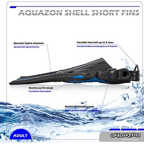  AQUAZON Shell, Kurzflossen Trainingsflossen, Schwimmflosssen, Reiseflossen, Schnorchelflossen groessenverstellbar mit Free Heel System, Sehr robust fuer Erwachsene Manner und Frauen