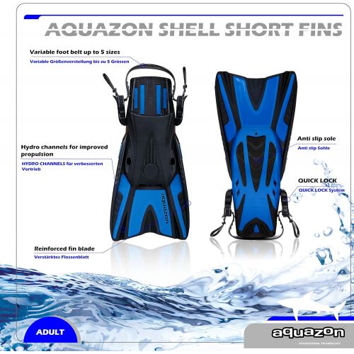  AQUAZON Shell, Kurzflossen Trainingsflossen, Schwimmflosssen, Reiseflossen, Schnorchelflossen groessenverstellbar mit Free Heel System, Sehr robust fuer Erwachsene Manner und Frauen