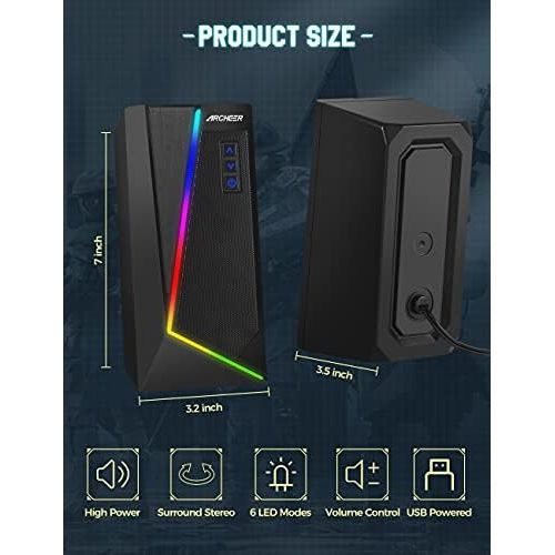  [아마존베스트]Archeer 10W RGB Gaming Computer Speaker with Improved Stereo Bass Colourful LED Light Dual Channel USB Speaker for PC Desktop Laptop Tablet