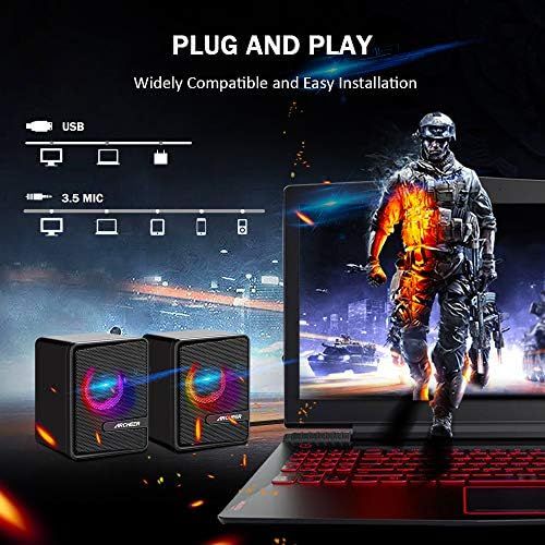  [아마존베스트]Archeer PC Speaker, USB Computer Gaming Speaker, Stereo Sound with RGB LED Light, Black Portable Mini Speaker 3.5 mm for PC, Mobile Phone, Tablets, Desktop, Laptop (2 x 3 W)