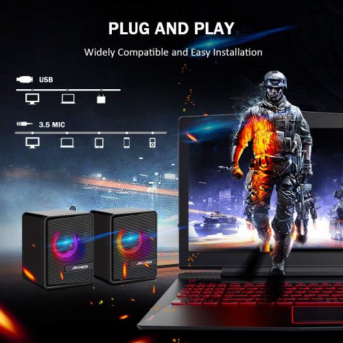  [아마존베스트]Archeer PC Speaker, USB Computer Gaming Speaker, Stereo Sound with RGB LED Light, Black Portable Mini Speaker 3.5 mm for PC, Mobile Phone, Tablets, Desktop, Laptop (2 x 3 W)