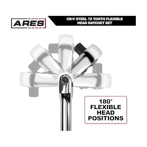  ARES 42040 - Flex Head Ratchet Set - 4-Piece 72-Tooth Ratchets - Premium Chrome Vanadium Steel Construction & Chrome Plated Finish - Quick Release Reversible Design with 5 Degree Swing