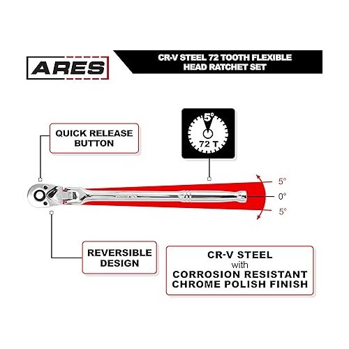  ARES 42040 - Flex Head Ratchet Set - 4-Piece 72-Tooth Ratchets - Premium Chrome Vanadium Steel Construction & Chrome Plated Finish - Quick Release Reversible Design with 5 Degree Swing