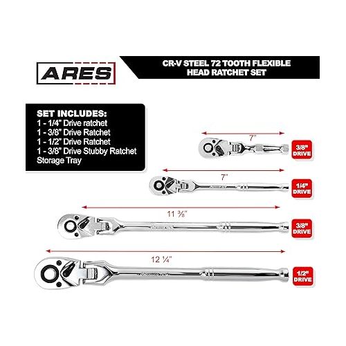  ARES 42040 - Flex Head Ratchet Set - 4-Piece 72-Tooth Ratchets - Premium Chrome Vanadium Steel Construction & Chrome Plated Finish - Quick Release Reversible Design with 5 Degree Swing