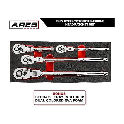  ARES 42040 - Flex Head Ratchet Set - 4-Piece 72-Tooth Ratchets - Premium Chrome Vanadium Steel Construction & Chrome Plated Finish - Quick Release Reversible Design with 5 Degree Swing