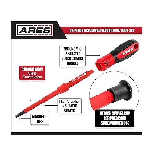  ARES 19004-37-Piece Insulated Electrical Tool Set - Ergonomic Handle with 19 Screwdriver Sizes and 4 Cabinet Keys - 1/2-Inch Drive Ratchet and Extensions - 9 Socket Sizes 10-24mm - Storage Case