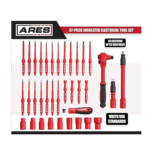  ARES 19004-37-Piece Insulated Electrical Tool Set - Ergonomic Handle with 19 Screwdriver Sizes and 4 Cabinet Keys - 1/2-Inch Drive Ratchet and Extensions - 9 Socket Sizes 10-24mm - Storage Case
