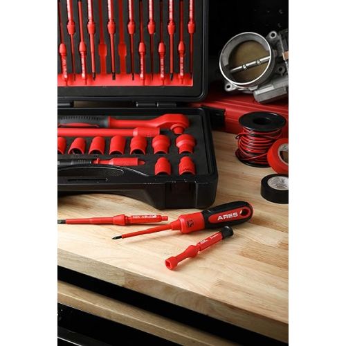  ARES 19004-37-Piece Insulated Electrical Tool Set - Ergonomic Handle with 19 Screwdriver Sizes and 4 Cabinet Keys - 1/2-Inch Drive Ratchet and Extensions - 9 Socket Sizes 10-24mm - Storage Case