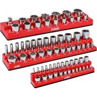 ARES 60035-3-Piece Set SAE Magnetic Socket Organizers - RED -Includes 1/4 in, 3/8 in, 1/2 in Socket Holders - Holds 68 Standard (Shallow) and Deep Sockets - Also Available in GREEN