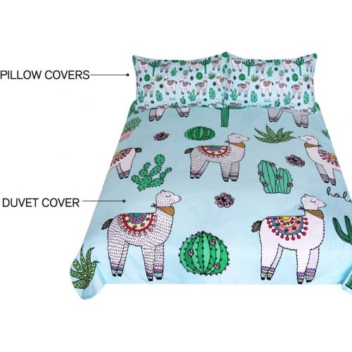  [아마존 핫딜]  [아마존핫딜]ARIGHTEX Alpaca Llama Cactus Pattern Bedding Green Blue Girls Cute Duvet Cover 3 Piece South American Cartoon Animal Bedspreads (Full)