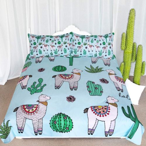  [아마존 핫딜]  [아마존핫딜]ARIGHTEX Alpaca Llama Cactus Pattern Bedding Green Blue Girls Cute Duvet Cover 3 Piece South American Cartoon Animal Bedspreads (Full)