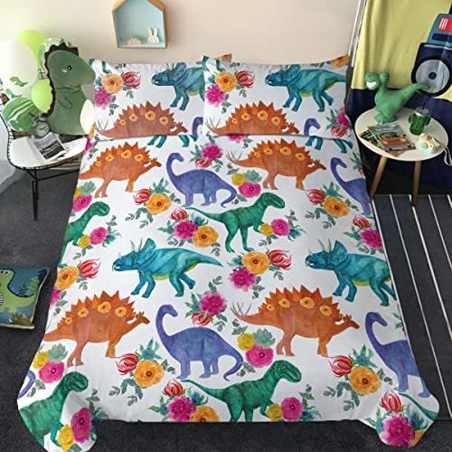  [아마존베스트]ARIGHTEX Boys Dinosaur Twin Size Bedding Watercolor Dinosaurs in Blue Green 3 Pieces Girly Flowers Duvet Cover Set