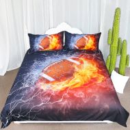 ARIGHTEX American Football Bedding Fire and Ice Brown Ball Flames Pattern Duvet Cover Sports Themed Bedding Dark Blue Orange Boys Duvet Cover (Twin)