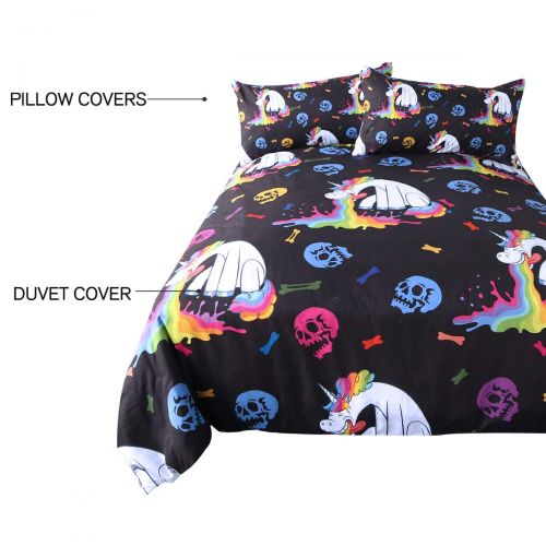  ARIGHTEX Kawaii Beast Bedding Funny Rainbow Pouring Design Bed Set 3 Pieces Black Chic Skull Duvet Cover for Kids Boys (Twin)