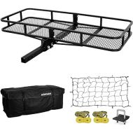 ARKSEN 60 x 25 Inch Folding Cargo Rack Carrier with Cargo Bag & Net, Stabilizer & 2 Straps 500 Lbs Heavy Duty Capacity 2 Inch Receiver Luggage Basket Hitch Fold Up for SUV Pickup Camping Traveling