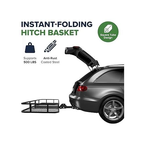  ARKSEN 60 x 25 Inch Folding Cargo Rack Carrier with Cargo Bag & Net, Stabilizer & 2 Straps 500 Lbs Heavy Duty Capacity 2 Inch Receiver Luggage Basket Hitch Fold Up for SUV Pickup Camping Traveling