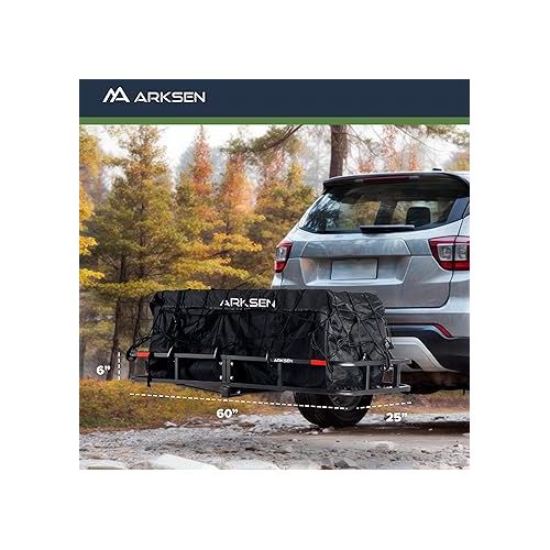  ARKSEN 60 x 25 Inch Folding Cargo Rack Carrier with Cargo Bag & Net, Stabilizer & 2 Straps 500 Lbs Heavy Duty Capacity 2 Inch Receiver Luggage Basket Hitch Fold Up for SUV Pickup Camping Traveling