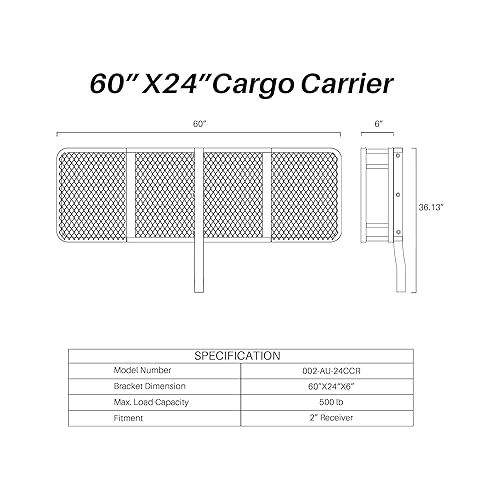  ARKSEN 60 x 24 Inch Angled Cargo Rack Carrier 500 Lbs Heavy Duty Capacity Tow Hitch, Luggage Storage Basket for Camping or Traveling, SUV, Pickup Truck or Car