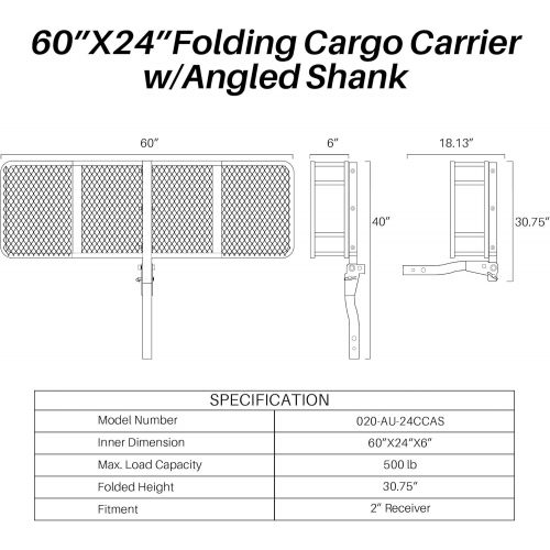  ARKSEN Heavy Duty Angled Cargo Carrier Tow Hitch with Waterproof Bag, Folding Luggage Storage Basket for Camping or Traveling, SUV, Pickup Truck or Car, 500 lbs Capacity, 60 inch x