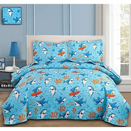  [아마존베스트]ARL HOME Kids Bedspread Set Twin Size Kids Quilts Boys Shark Bedding Kids Reversible Quilt Coverlet Cute Ocean Quilt Animal Quilt Set Kids Coverlet Lightweight Bedspreads Cartoon Shark Quil