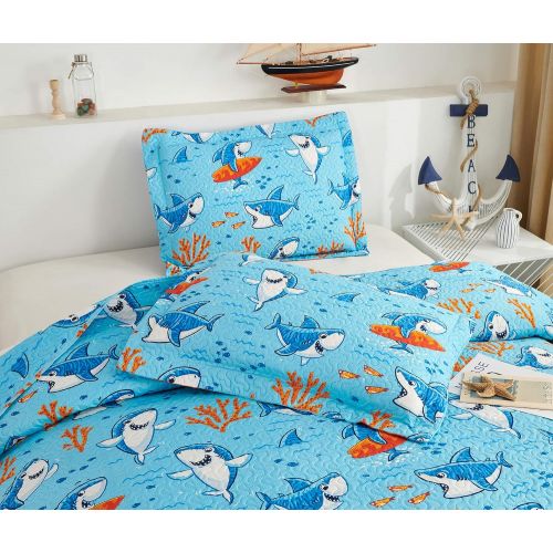  [아마존베스트]ARL HOME Kids Bedspread Set Twin Size Kids Quilts Boys Shark Bedding Kids Reversible Quilt Coverlet Cute Ocean Quilt Animal Quilt Set Kids Coverlet Lightweight Bedspreads Cartoon Shark Quil