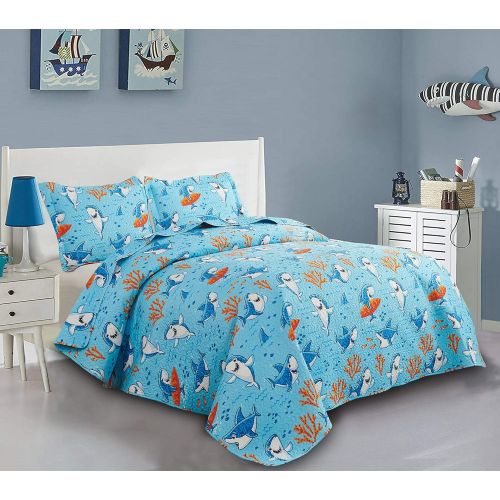  [아마존베스트]ARL HOME Kids Bedspread Set Twin Size Kids Quilts Boys Shark Bedding Kids Reversible Quilt Coverlet Cute Ocean Quilt Animal Quilt Set Kids Coverlet Lightweight Bedspreads Cartoon Shark Quil