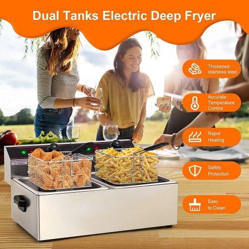  ARLIME Electric Deep Fryer with Basket, 3400W Large Dual Tank Commercial Deep Fryer with 2 x 5.8QT/5.5L Removable Stainless Steel Oil Tank and Temperature Control for Restaurant,Ho