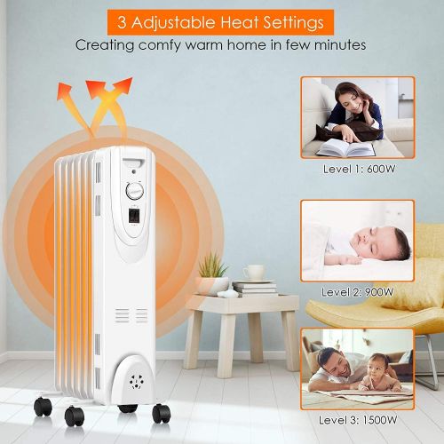  Oil Filled Radiator Heater with Thermostat, ARLIME 1500W Oil Filled Heater, Portable Oil-Filled Space Heater with 3 Adjustable Settings, Quiet Portable Heater with Overheat & Tip-O