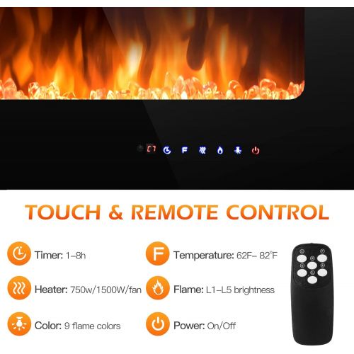  ARLIME 40” Recessed Electric Fireplace 750W/1500W Wall Mounted & in Wall, Smokeless Electric Stove Heater with Remote Control Touch Screen, 9 Flame Color, Temperature Control & Tim