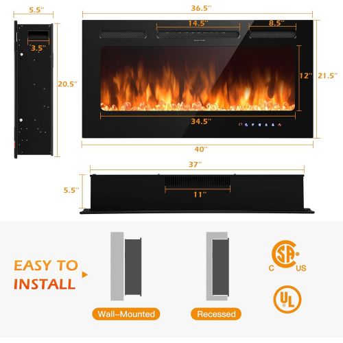  ARLIME 40” Recessed Electric Fireplace 750W/1500W Wall Mounted & in Wall, Smokeless Electric Stove Heater with Remote Control Touch Screen, 9 Flame Color, Temperature Control & Tim