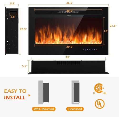  ARLIME 36” Recessed Electric Fireplace 750W/1500W Wall Mounted & in Wall, Smokeless Electric Stove Heater with Remote Control Touch Screen, 9 Flame Color, Temperature Control & Tim